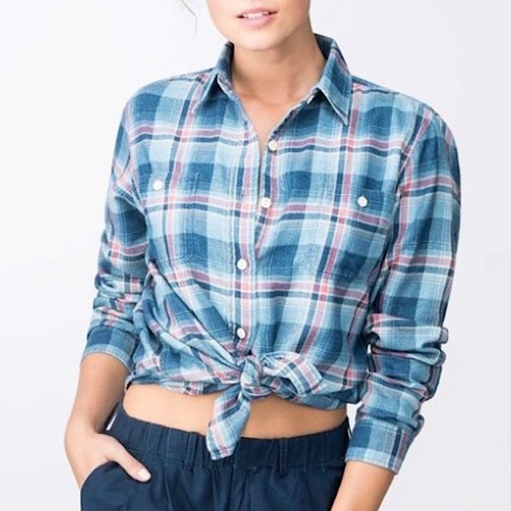 Faherty Seasons Workshirt Long Sleeve Button Up Light Indigo Sand Plaid Medium